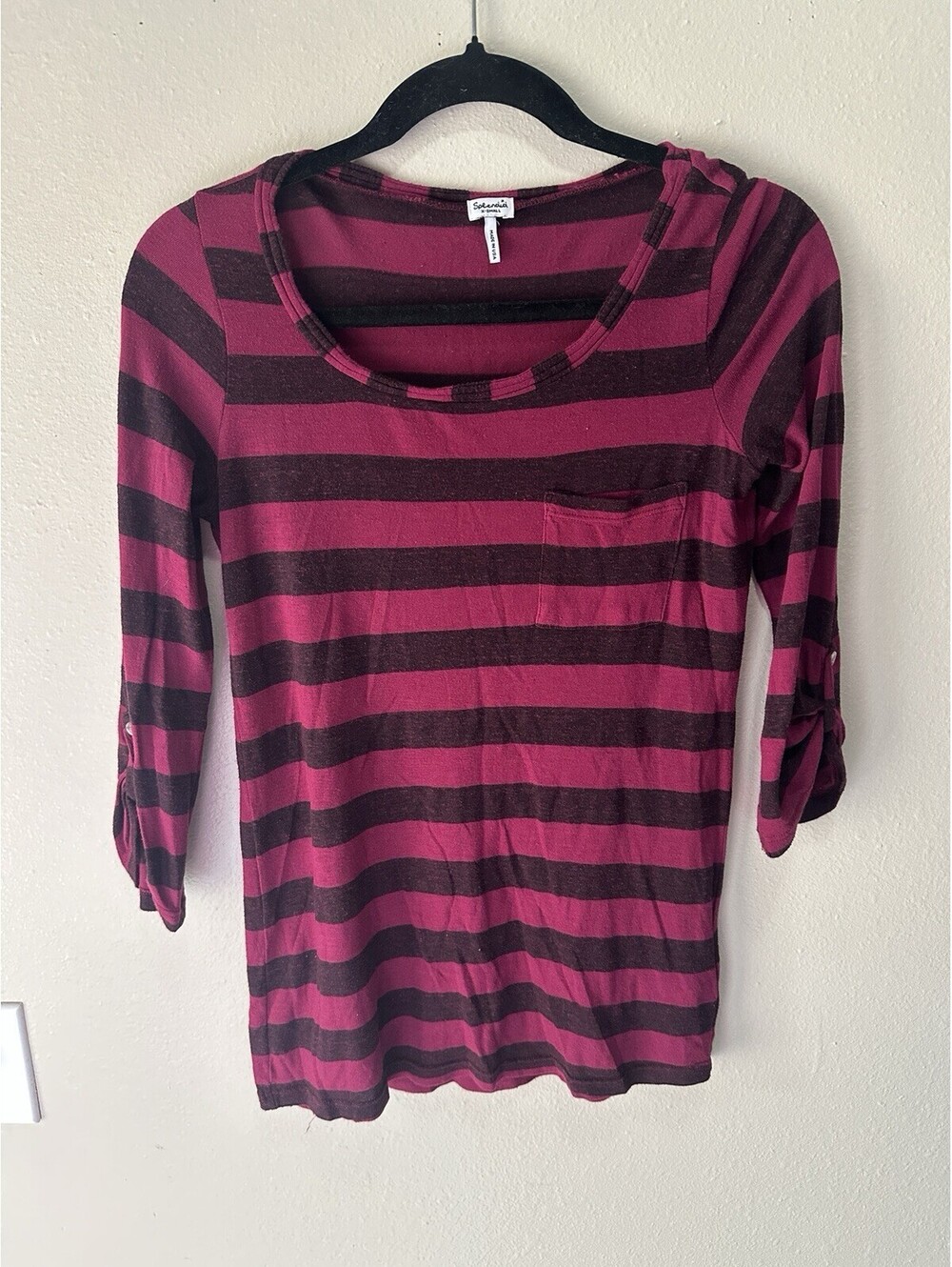 Splendid XS Pink Black Striped 3/4 Sleeve Scoop Neck Pocket T-Shirt